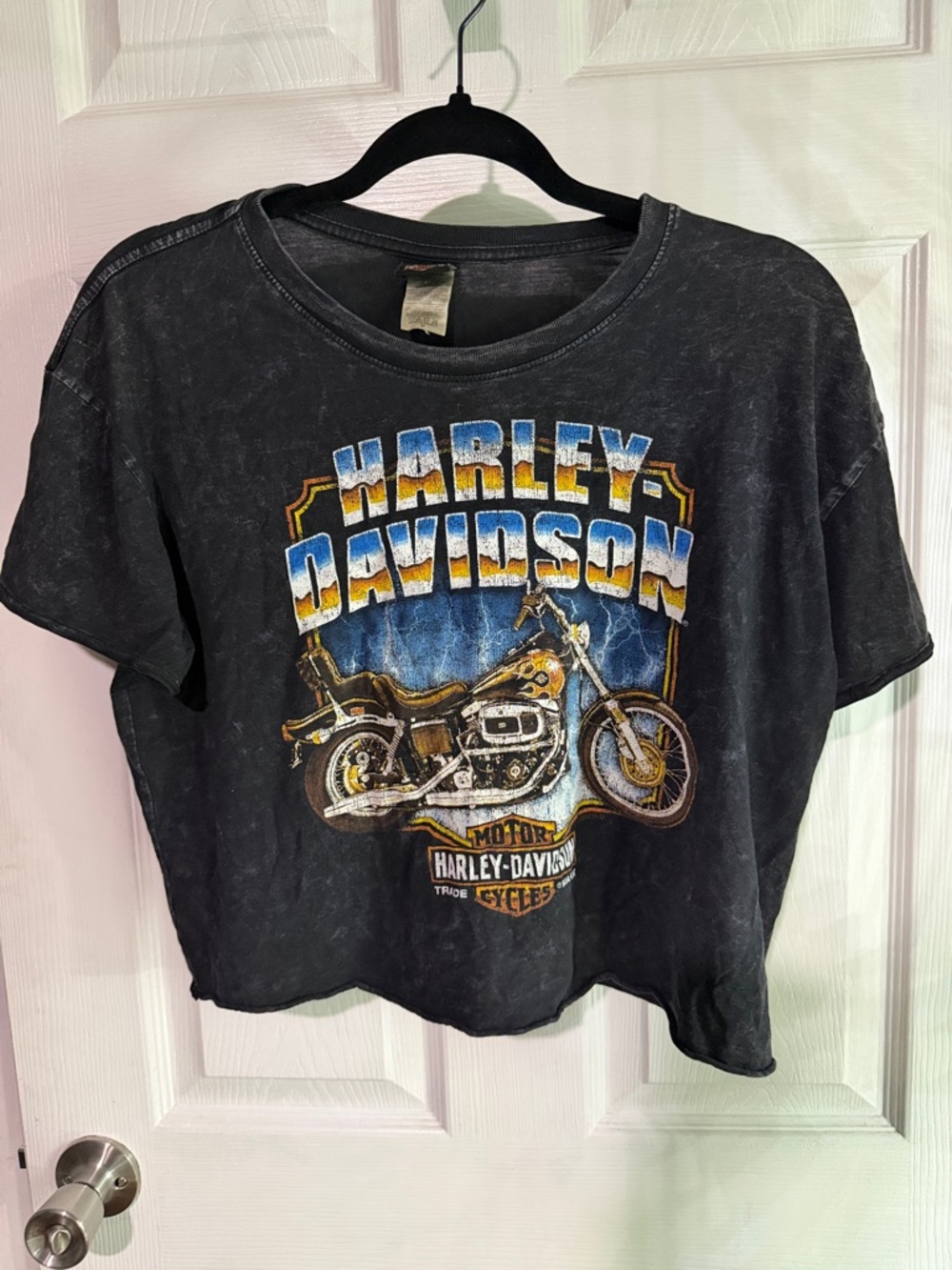 Harley-Davidson Black Tee with Blue and Gold Motorcycle Graphic
